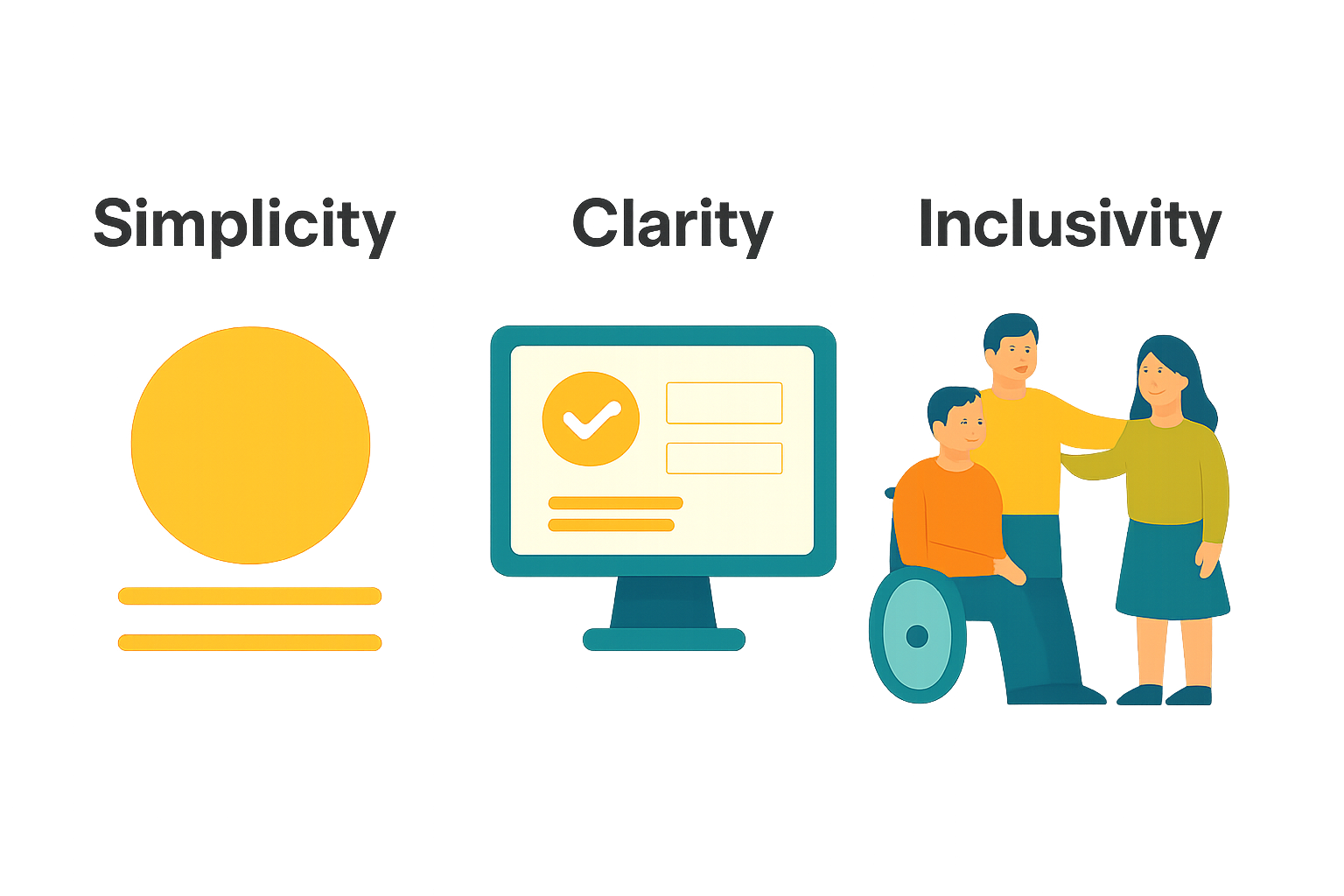 Abstracte illustratie van een dichte cirkel met daar onder twee lijnen die 'Eenvoud' uit beeld